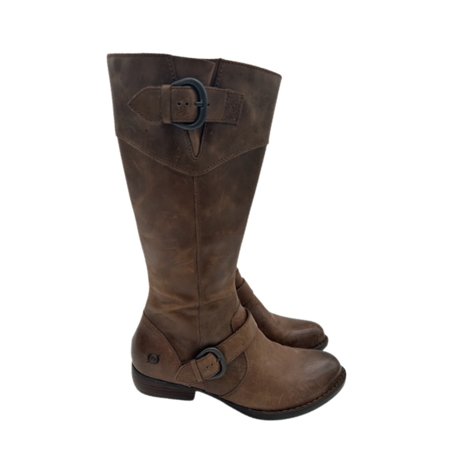 Born Riding Boots Womens Size 8 M 39 Brown Leather Tall Buckle Side Zip Distress